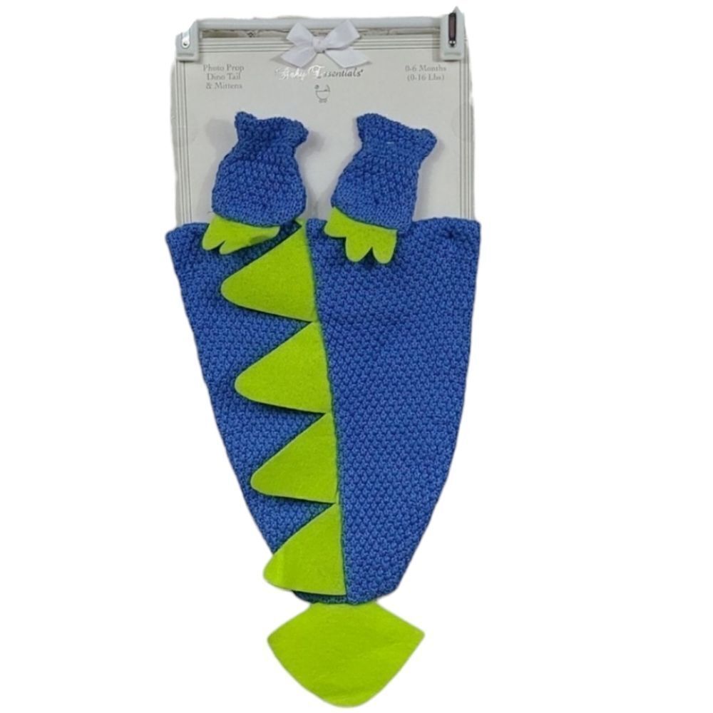 Baby 0-6M Dinosaur Photo Prop Dino Tail & Mittens Blue Crochet Knit Costume NWT